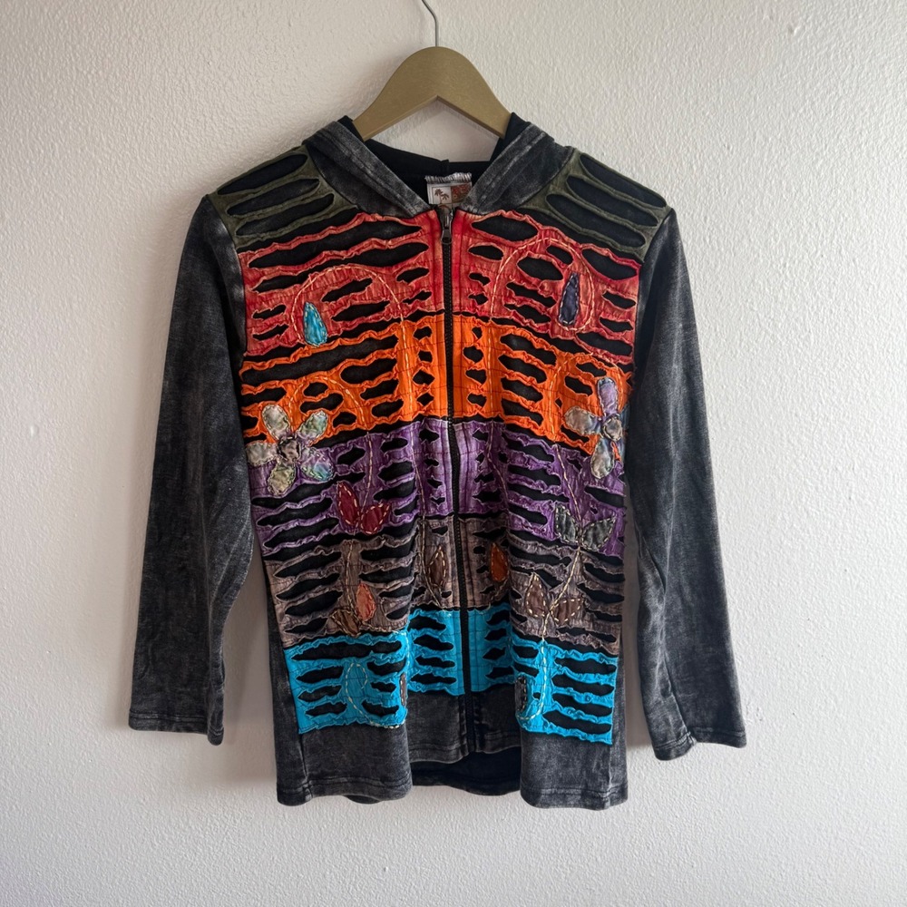 India Boutique Sz Large Black Multicolor Patchwork Full Zip Hoodie Hippie Boho